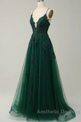 Green V-Neckline Tulle With Lace Cross Back, Green Tulle Evening Prom Dresses